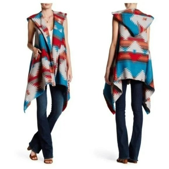 BB DAKOTA AZTEC SADDLE BLANKET PETUNIA HOODED TUNIC VEST SIZE MEDIUM - Picture 1 of 13